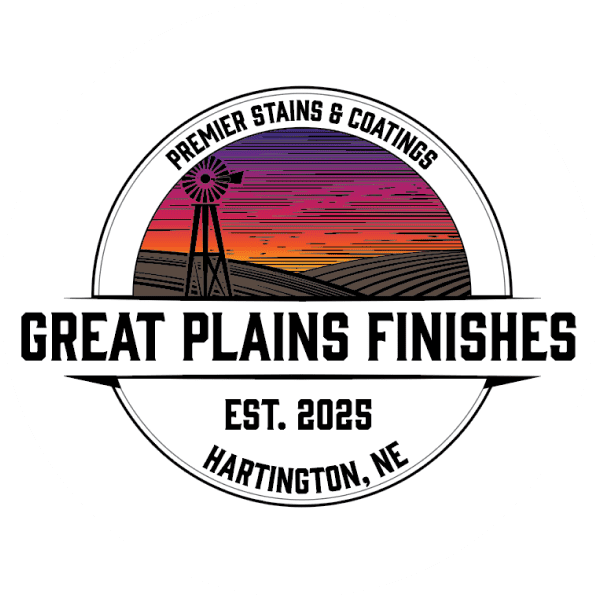 Great Plains Finishes logo, sunset and windmill.