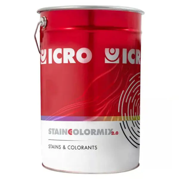 Red and white paint can labeled ICRO with a fingerprint design.